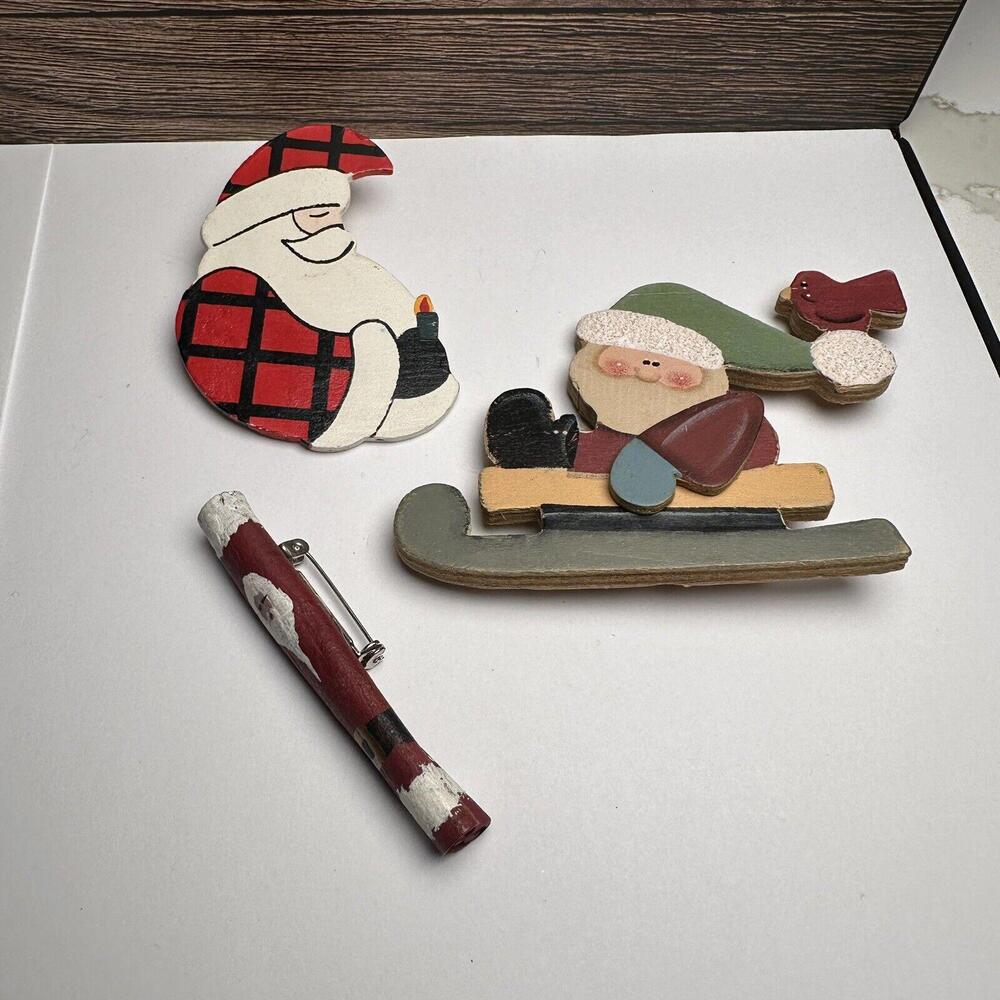 Santa Claus Christmas Holiday Brooch Pin Lot Of 3 Wood / Cinnamon Stick